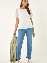 Roman White Lace Stretch Banded Hem Top - Image 3 of 5