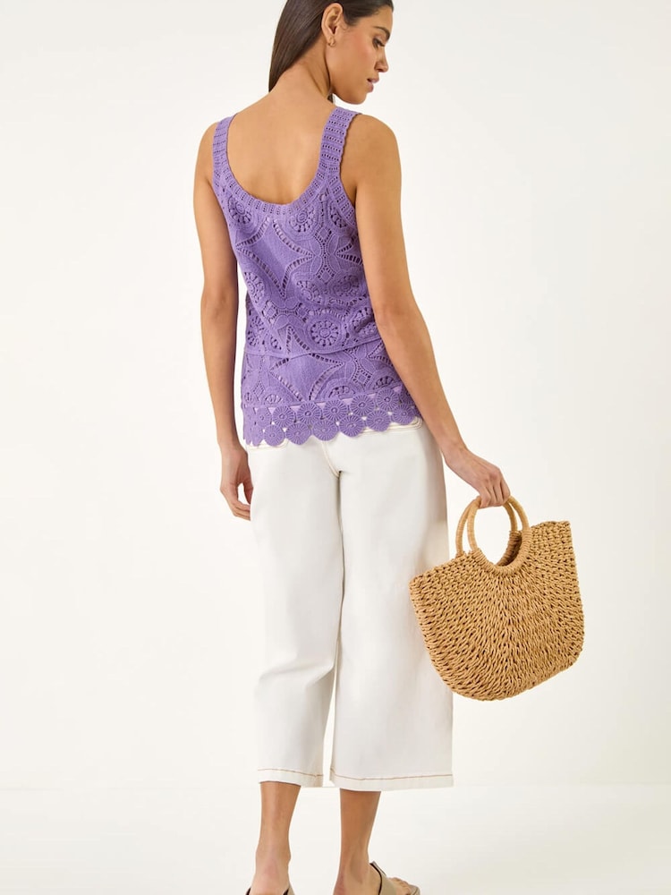 Roman Purple Cotton Crochet Knit Vest Top - Image 4 of 4
