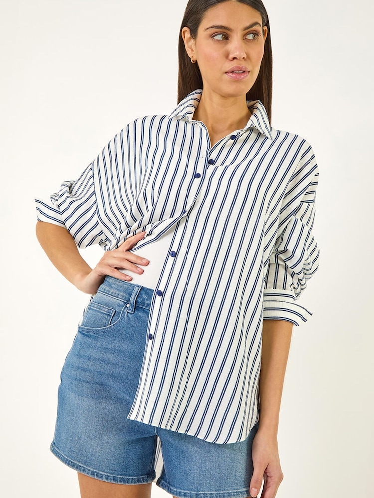 Roman Blue Stripe Print Button Shirt - Image 1 of 5