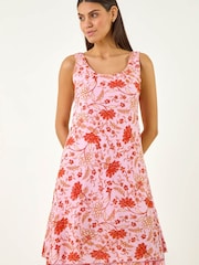 Roman Pink Floral Print Double Layer Dress - Image 4 of 5