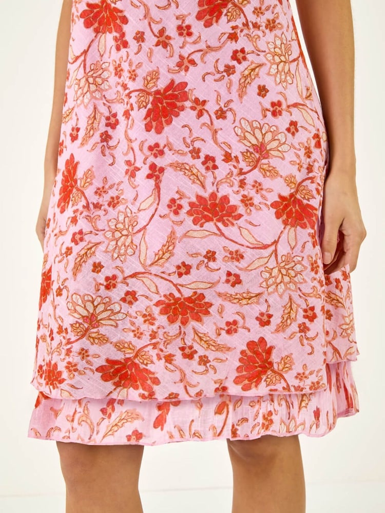 Roman Pink Floral Print Double Layer Dress - Image 5 of 5