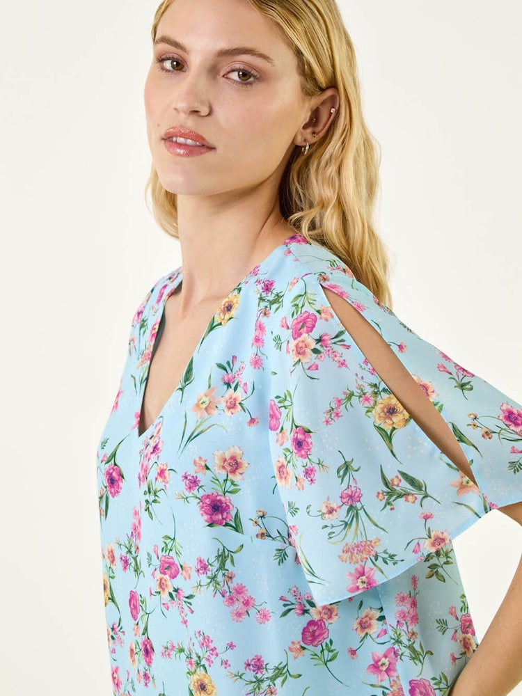 Roman Pink Floral Angel Sleeve Top - Image 1 of 5