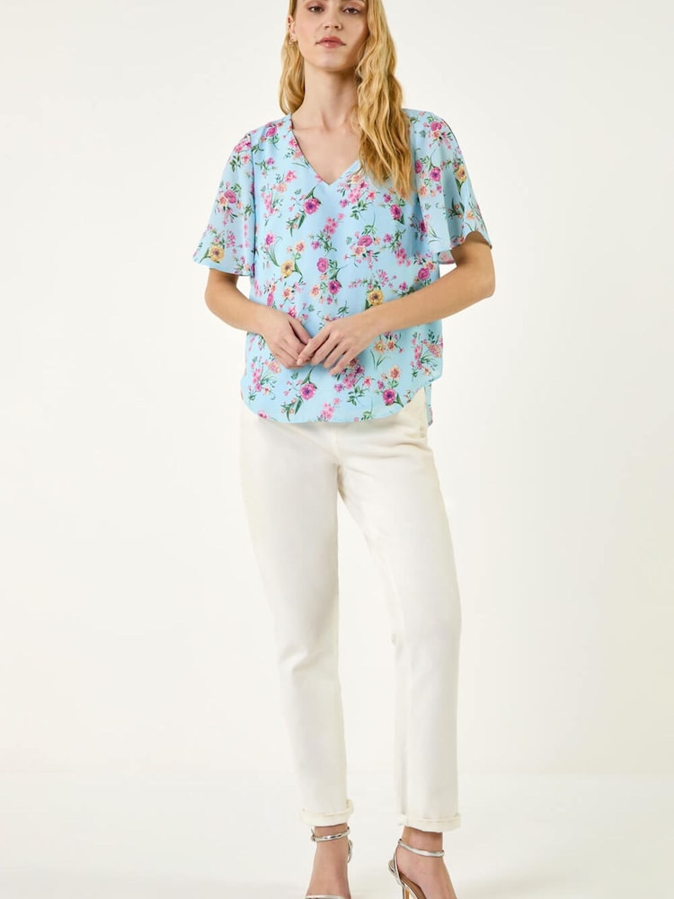 Roman Pink Floral Angel Sleeve Top - Image 2 of 5