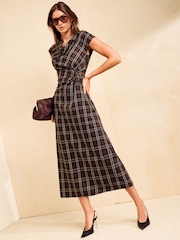 Friends Like These Chocolate Brown Drape Tailored Midi Dress - Image 1 of 5