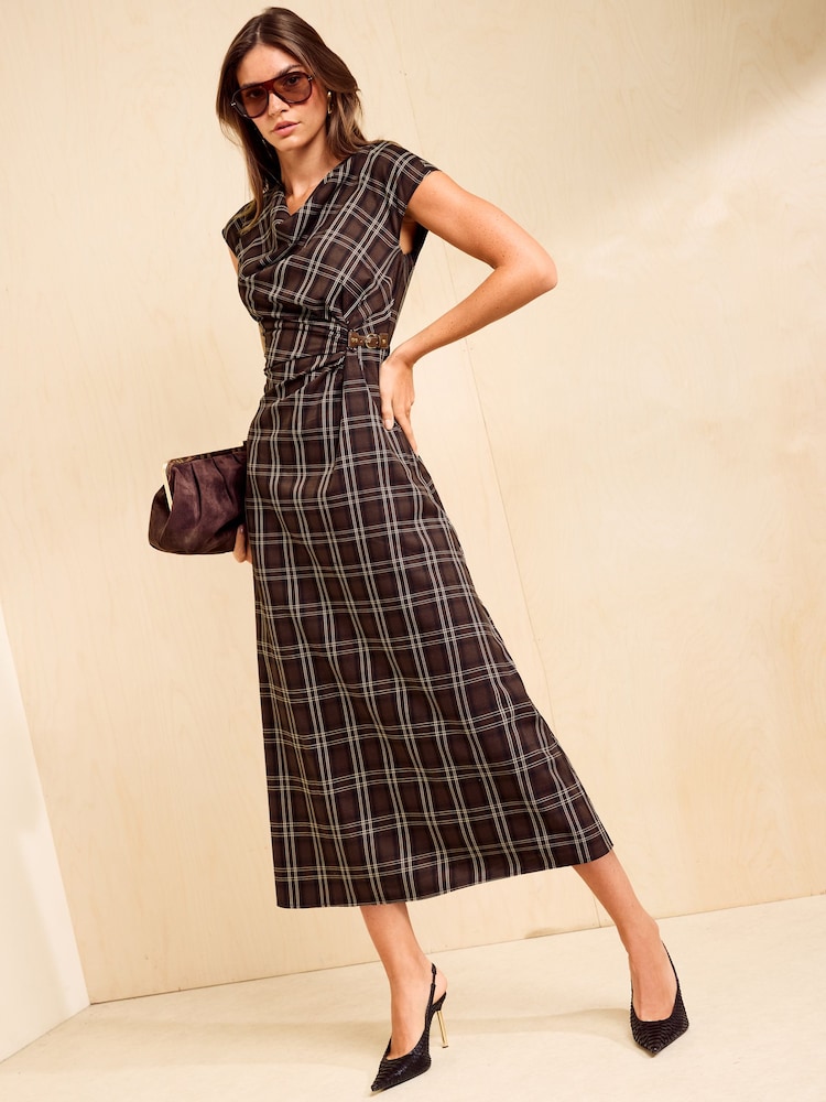Friends Like These Chocolate Brown Drape Tailored Midi Dress - Image 1 of 5