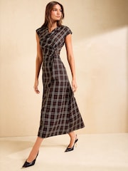 Friends Like These Chocolate Brown Drape Tailored Midi Dress - Image 3 of 5