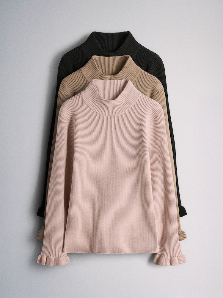 The Set 3 Pack Knitted Long Sleeve Roll Neck Rib Jumpers Pink/Cream - Image 1 of 6