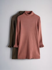 The Set 2 Pack Knitted Long Sleeve Roll Neck Rib Dresses Pink/Brown - Image 1 of 5