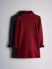 The Set 2 Pack Knitted Long Sleeve Roll Neck Rib Dresses Red/Green - Image 1 of 5
