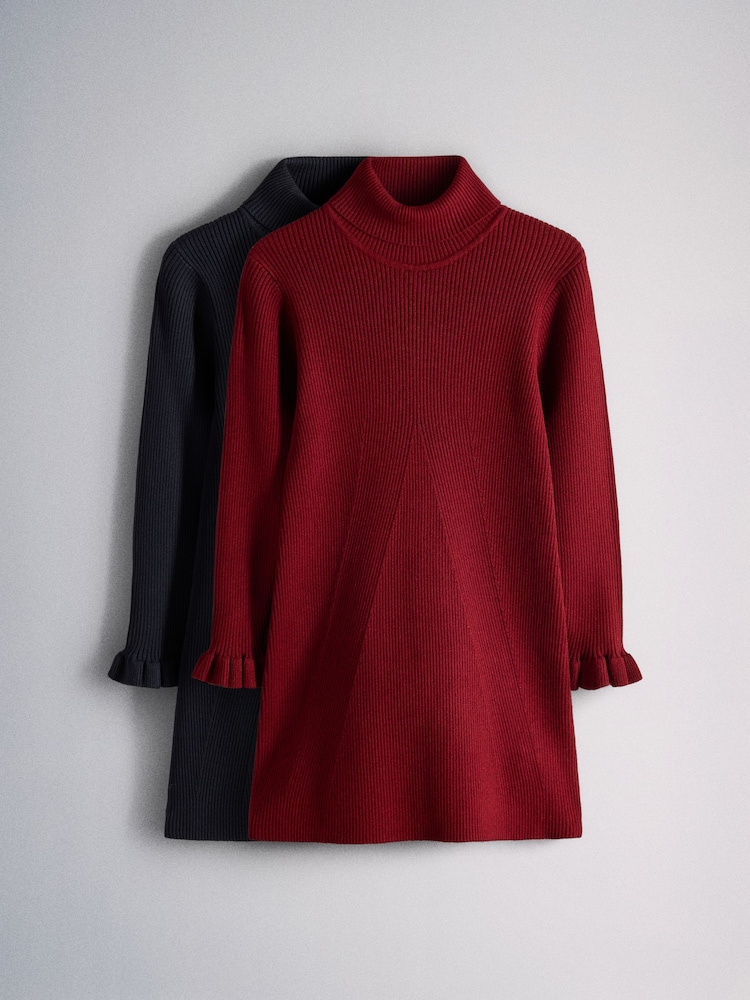 The Set 2 Pack Knitted Long Sleeve Roll Neck Rib Dresses Red/Green - Image 1 of 5 The Set 2 Pack Knitted Long Sleeve Roll Neck Rib Dresses Red/Green - Image 1 of 5