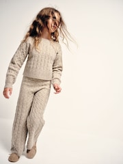 The Set Knitted Cable Crew Neck Jumper and Wide Leg Joggers Co-Ord Set Light Brown Marl - Image 1 of 10