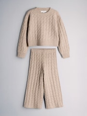 The Set Knitted Cable Crew Neck Jumper and Wide Leg Joggers Co-Ord Set Light Brown Marl - Image 2 of 10