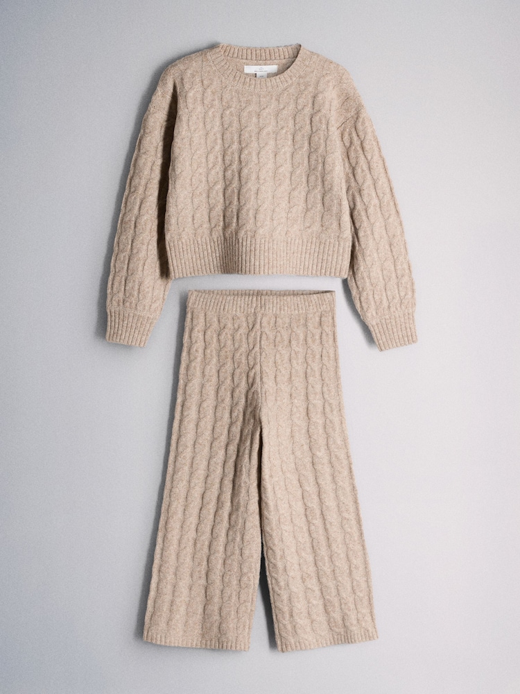 The Set Knitted Cable Crew Neck Jumper and Wide Leg Joggers Co-Ord Set Light Brown Marl - Image 2 of 10 The Set Knitted Cable Crew Neck Jumper and Wide Leg Joggers Co-Ord Set Light Brown Marl - Image 2 of 10