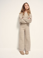 The Set Knitted Cable Crew Neck Jumper and Wide Leg Joggers Co-Ord Set Light Brown Marl - Image 3 of 10