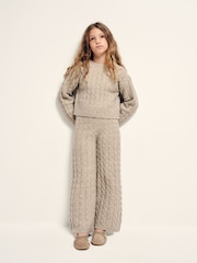 The Set Knitted Cable Crew Neck Jumper and Wide Leg Joggers Co-Ord Set Light Brown Marl - Image 4 of 10