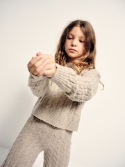 The Set Knitted Cable Crew Neck Jumper and Wide Leg Joggers Co-Ord Set Light Brown Marl - Image 5 of 10
