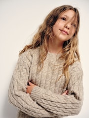 The Set Knitted Cable Crew Neck Jumper and Wide Leg Joggers Co-Ord Set Light Brown Marl - Image 6 of 10