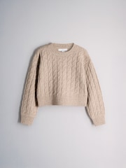 The Set Knitted Cable Crew Neck Jumper and Wide Leg Joggers Co-Ord Set Light Brown Marl - Image 7 of 10