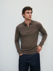 The Set Single Merino Knit Zip Neck Jumper Brown - Image 3 of 9