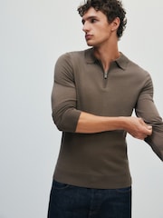 The Set Single Merino Knit Zip Neck Jumper Brown - Image 5 of 9