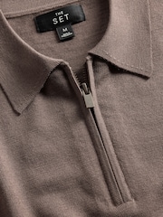 The Set Single Merino Knit Zip Neck Jumper Brown - Image 8 of 9