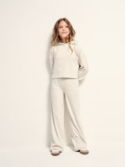 The Set Soft Touch Rib Cropped Hoodie and Wide Leg Co-Ord Joggers Oatmeal Marl - Image 1 of 7