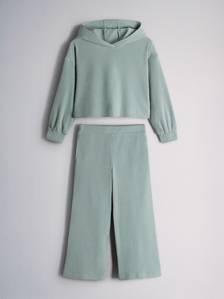 The Set Soft Touch Rib Cropped Hoodie and Wide Leg Co-Ord Joggers Brown - Image 2 of 10