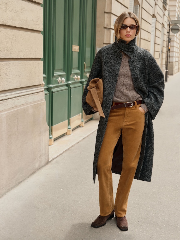 BHOEM Grey Herringbone Textured Shirt Collar Belted Coat with Wool - Image 1 of 5 BHOEM Grey Herringbone Textured Shirt Collar Belted Coat with Wool - Image 1 of 5