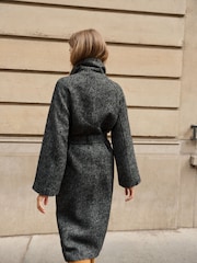 BHOEM Grey Herringbone Textured Shirt Collar Belted Coat with Wool - Image 4 of 5