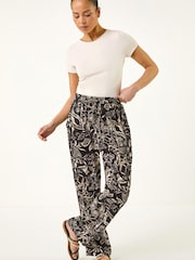Roman Black Petite Floral Tapered Linen Mix Trousers - Image 1 of 5