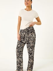 Roman Black Petite Floral Tapered Linen Mix Trousers - Image 2 of 5