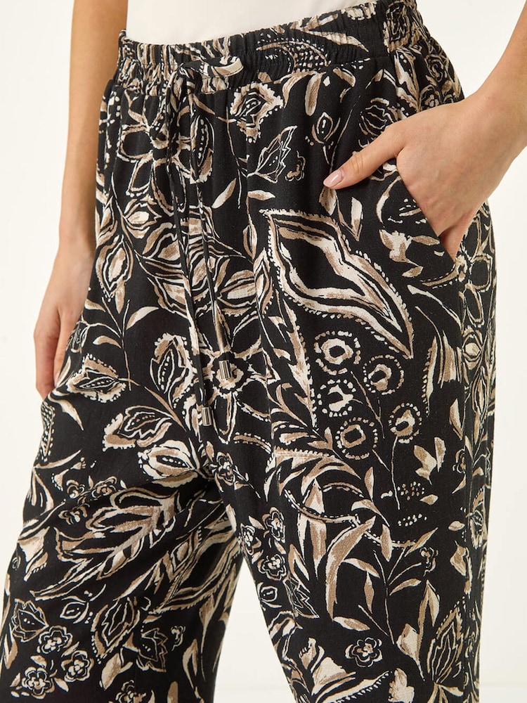 Roman Black Petite Floral Tapered Linen Mix Trousers - Image 6 of 6