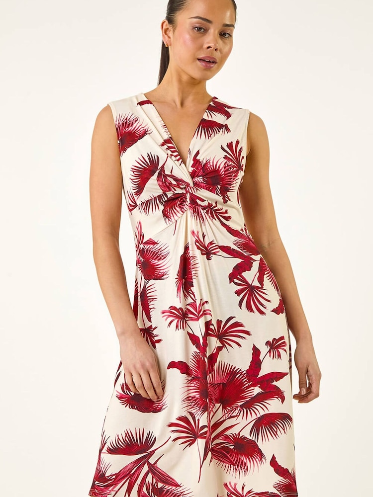 Roman Red Petite Tropical Print Twist Front Dress - Image 2 of 5 Roman Red Petite Tropical Print Twist Front Dress - Image 2 of 5