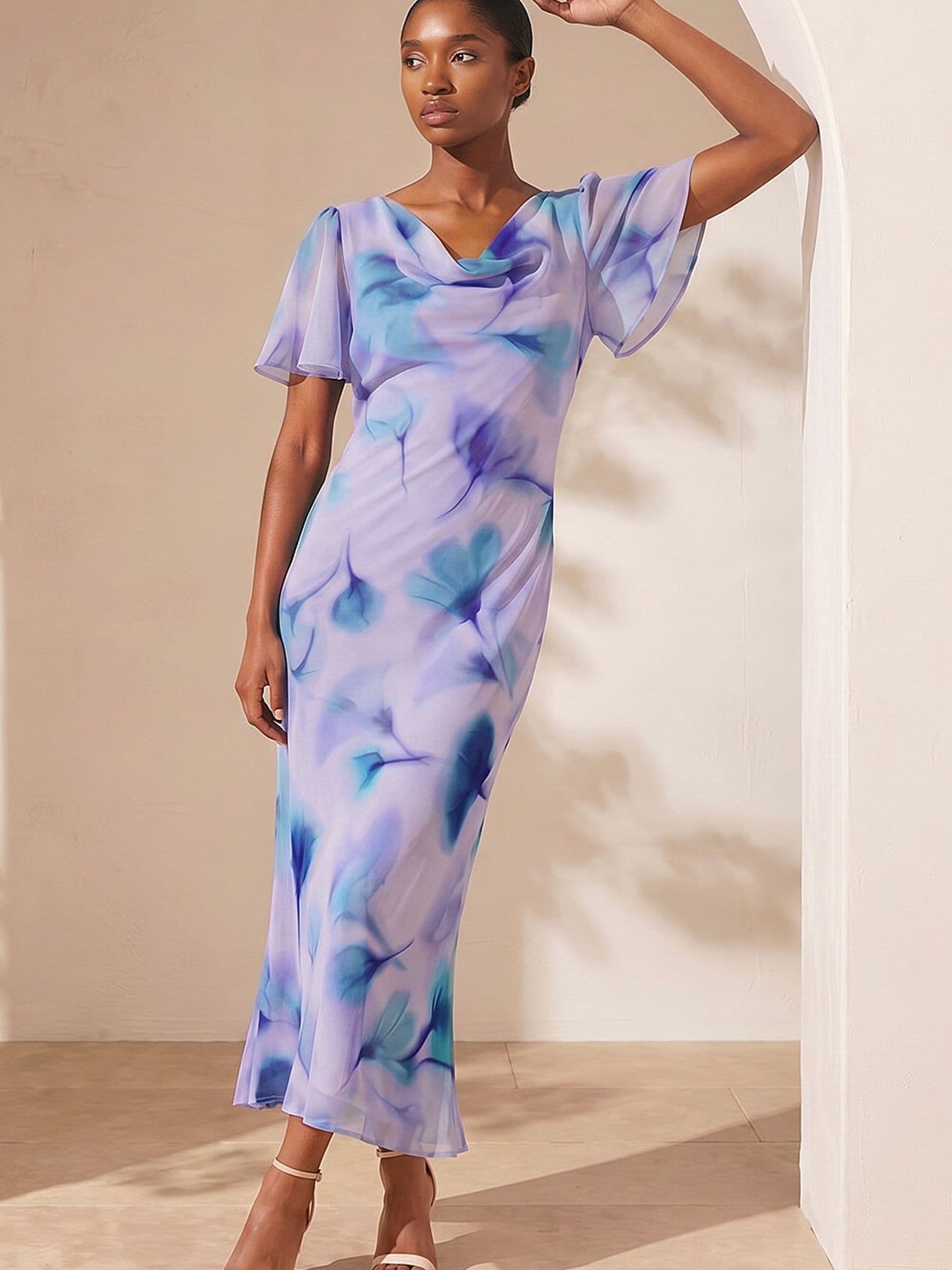 Roman Women's Blue Petite Floral Cowl Neck Midi Dress In Size 16 - Image 3