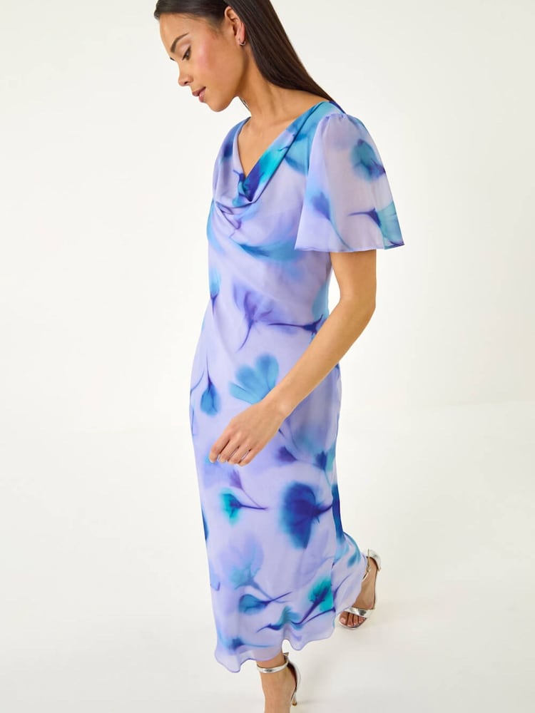 Roman Blue Petite Floral Cowl Neck Midi Dress - Image 1 of 5