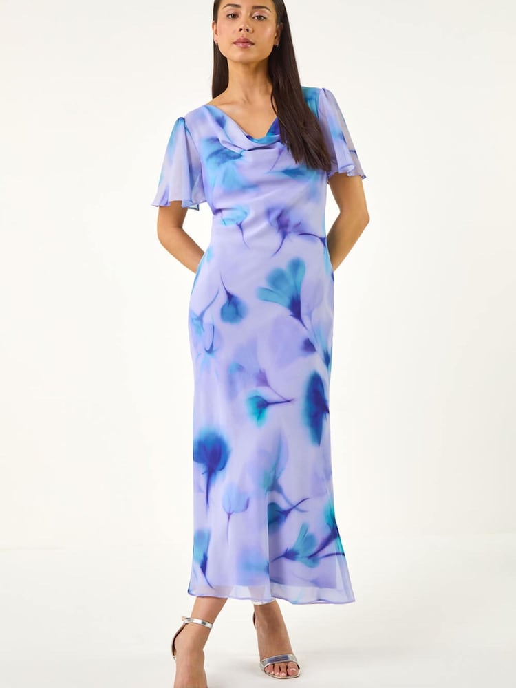 Roman Blue Petite Floral Cowl Neck Midi Dress - Image 2 of 5