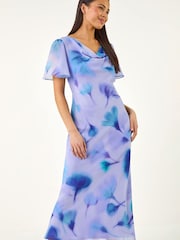Roman Blue Petite Floral Cowl Neck Midi Dress - Image 4 of 5