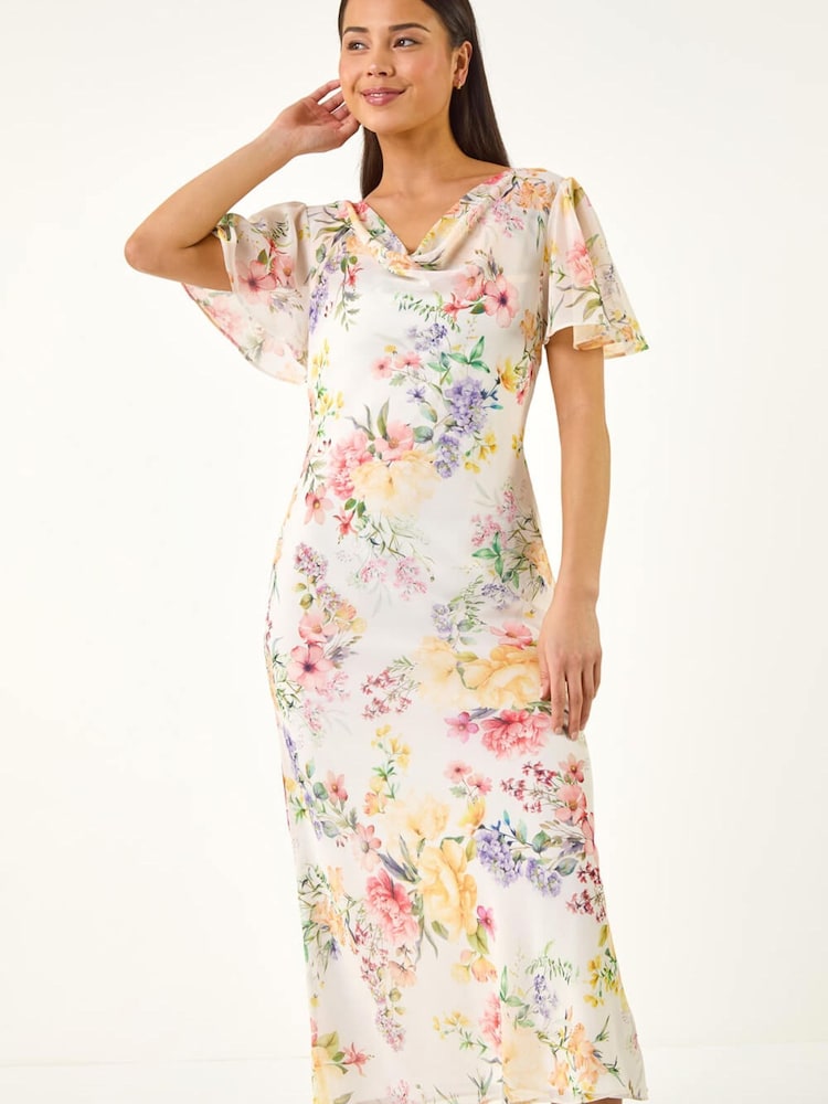 Roman White Petite Floral Cowl Neck Midi Dress - Image 1 of 2