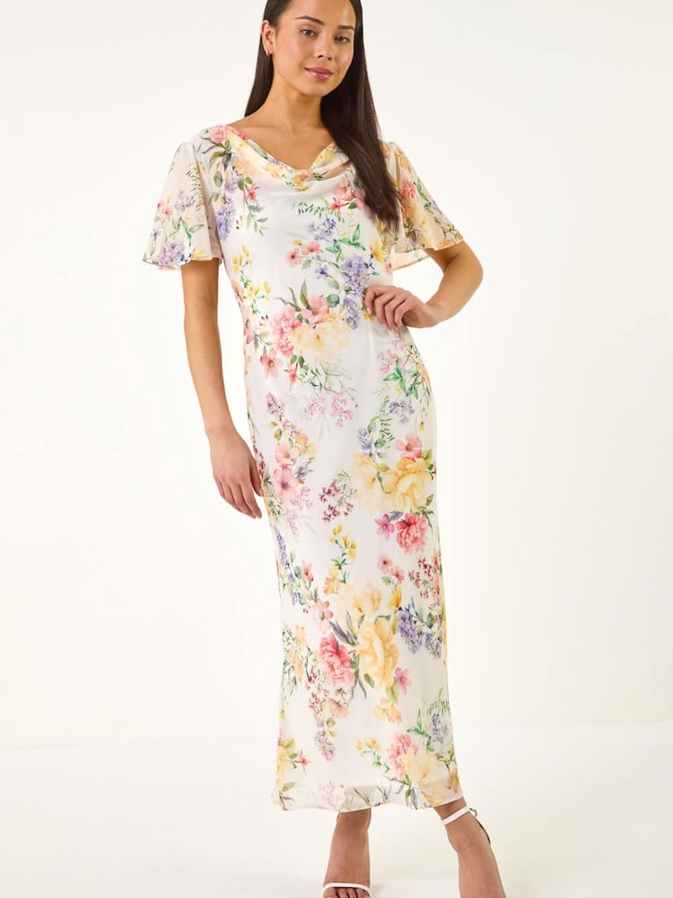 Roman White Petite Floral Cowl Neck Midi Dress - Image 2 of 2