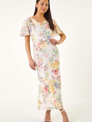 Roman White Petite Floral Cowl Neck Midi Dress - Image 3 of 3