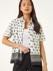Roman White Petite Border Print Button Blouse - Image 4 of 5