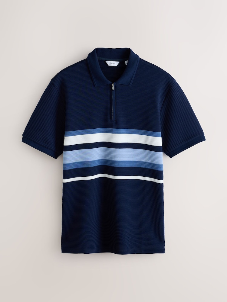 Navy Blue Ottoman Rib Stripe Polo Shirt - Image 1 of 3