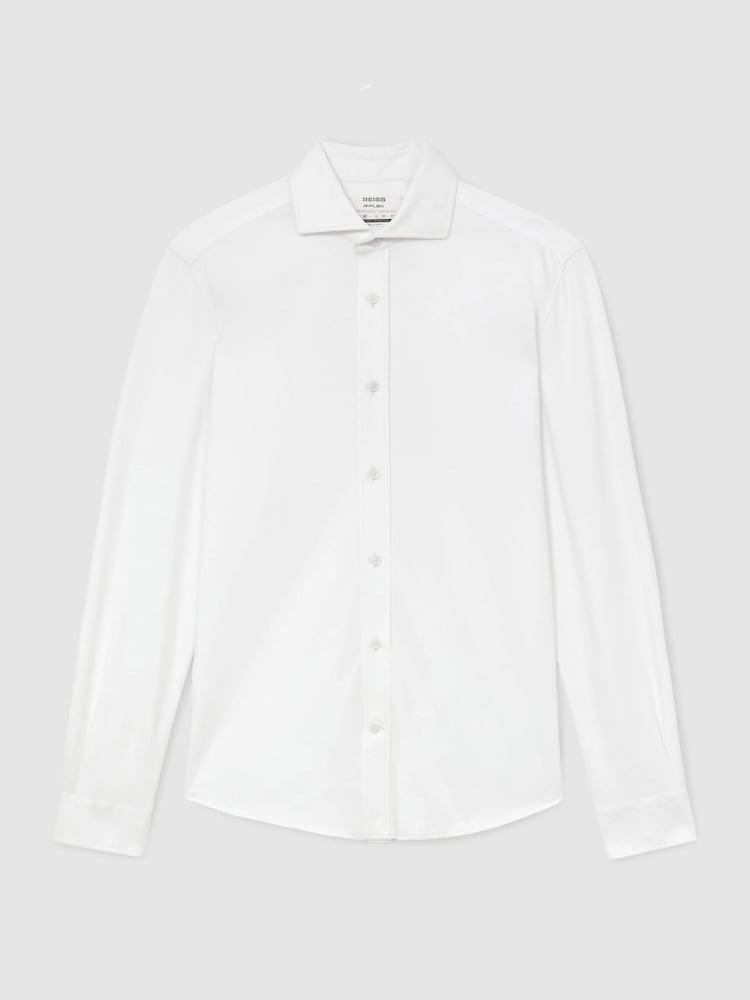 Reiss White Monaco R-Flex Cotton-Blend Stretch Jersey Shirt Slim-Fit - Image 2 of 9 Reiss White Monaco R-Flex Cotton-Blend Stretch Jersey Shirt Slim-Fit - Image 2 of 9