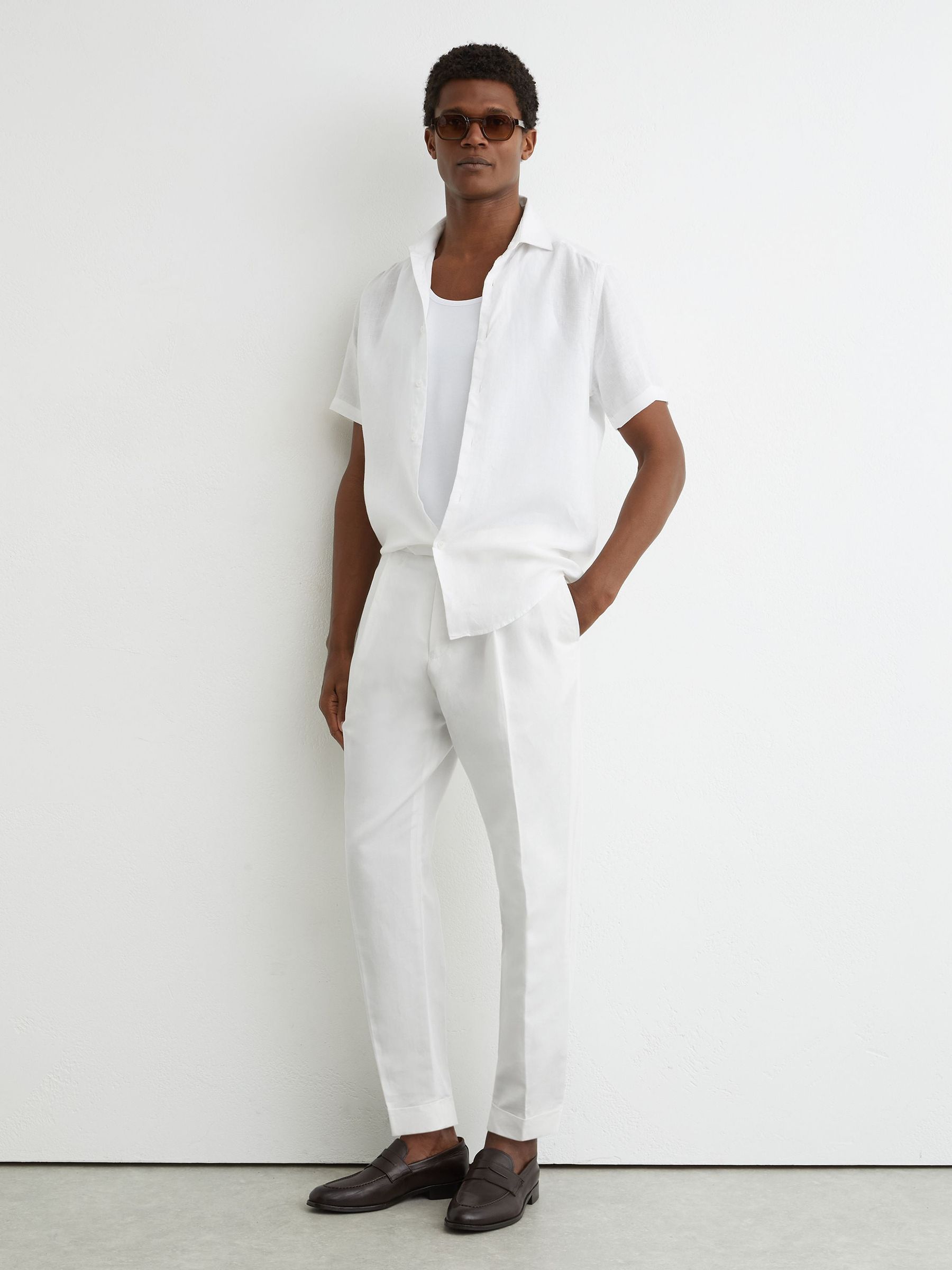 Buy Reiss White Com Linen-Blend Side-Adjuster Tapered Trousers