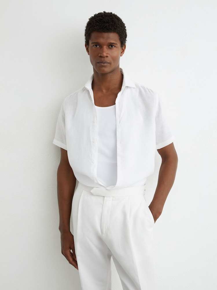 Reiss White Com Linen-Blend Side-Adjuster Tapered Trousers - Image 1 of 7 Reiss White Com Linen-Blend Side-Adjuster Tapered Trousers - Image 1 of 7