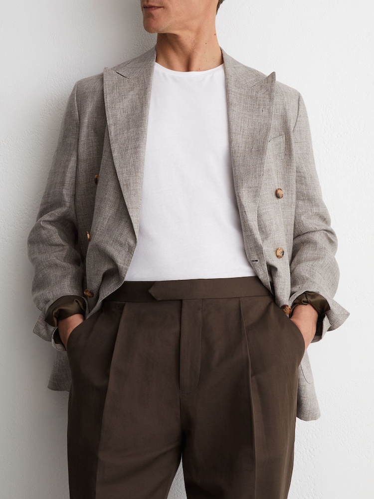 Reiss Chocolate Brown Com Linen-Blend Side-Adjuster Tapered Trousers - Image 1 of 6 Reiss Chocolate Brown Com Linen-Blend Side-Adjuster Tapered Trousers - Image 1 of 6