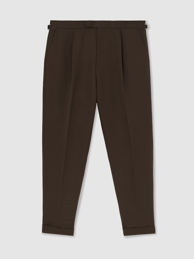 Reiss Chocolate Brown Com Linen-Blend Side-Adjuster Tapered Trousers - Image 2 of 6 Reiss Chocolate Brown Com Linen-Blend Side-Adjuster Tapered Trousers - Image 2 of 6