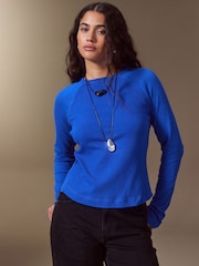 Кобальтово-синій - Raglan Long Sleeve Washed Effect Raw Seam T-Shirt - Image 3 of 8