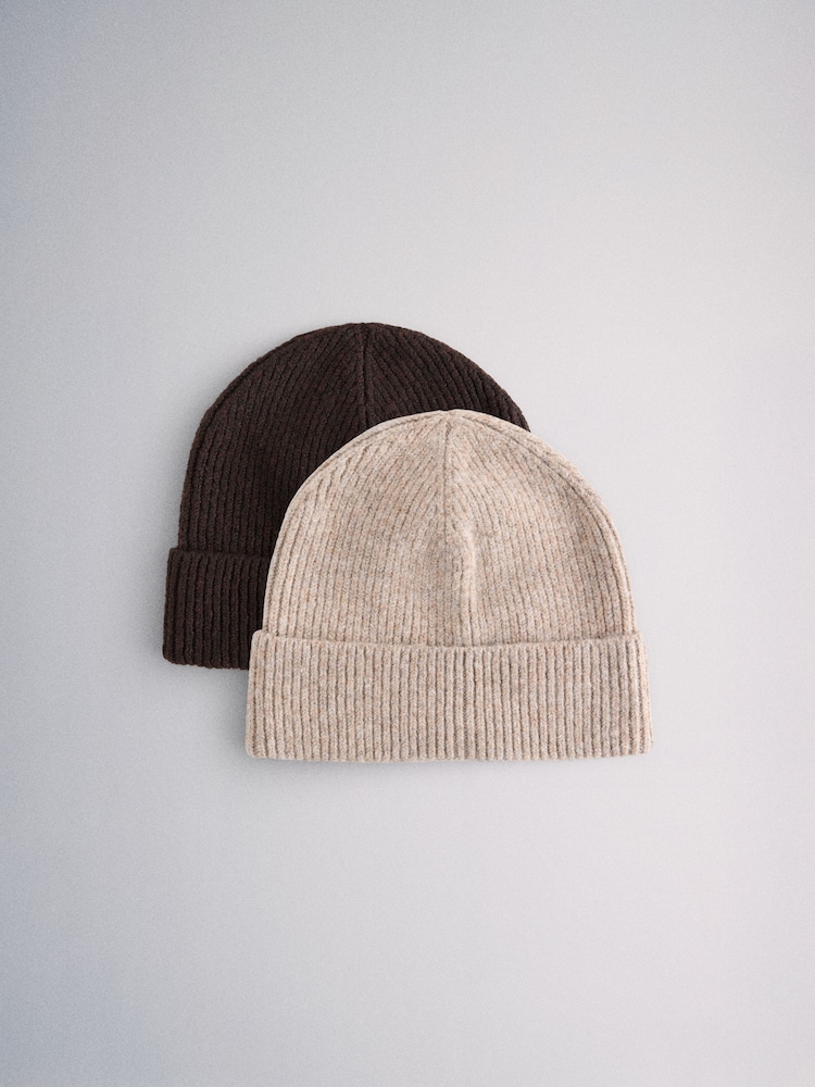 The Set 2 Pack Fisherman Beanies Oat/Chocolate Brown - Image 1 of 5