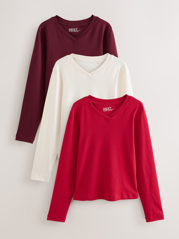 Buy Red/White Vee Neck Long Sleeve T-Shirts 3 Pack from Next Australia